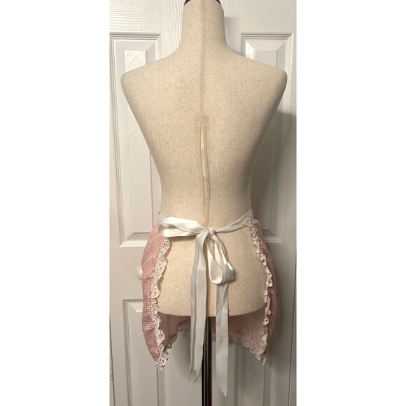 Vtg Handmade Half Apron Lace Red White Diner Pocket Ribbon Bow Cottagecore Chic - Picture 6 of 9